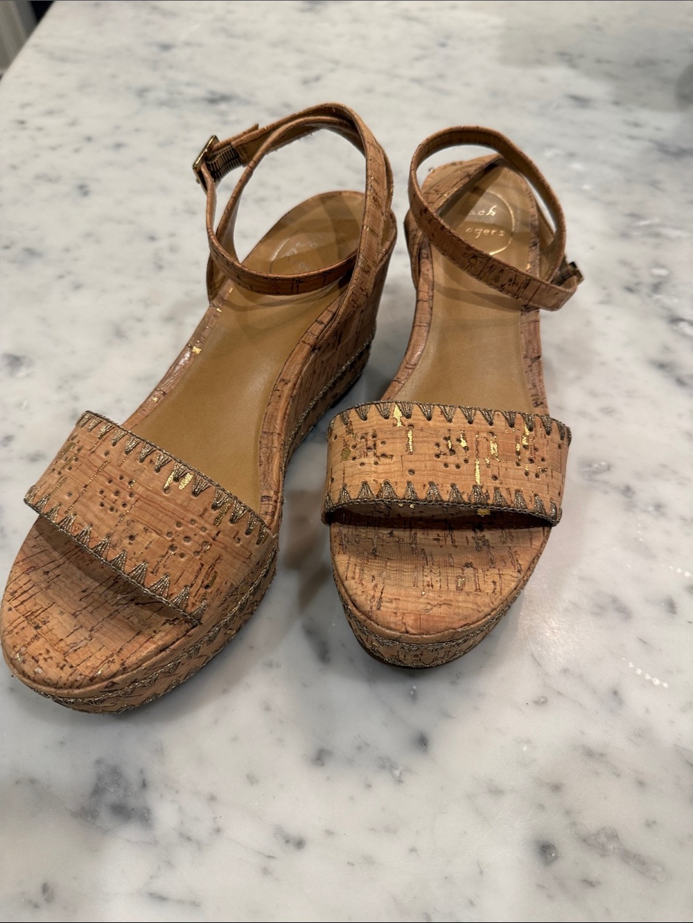 Cork Wedge Sandals with Ankle Strap - Tan